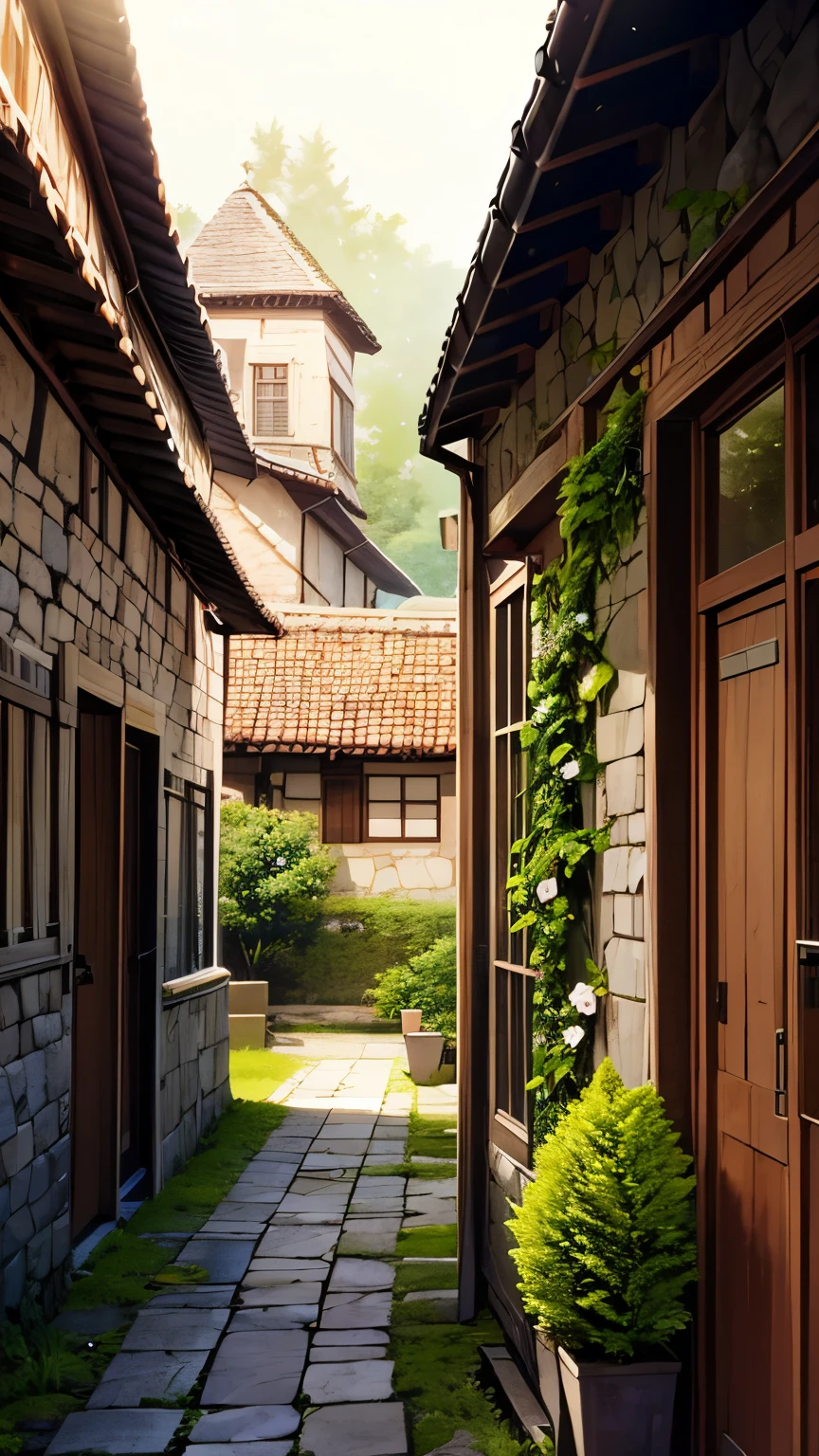 medieval village background, beautiful picture, very detailed, 4k 8k, medieval village, highly detailed medieval village, cobblestone streets, thatched roofs, stone buildings, wooden beams, hanging flower baskets, old-world charm, warm lighting, misty atmosphere, lush greenery, photorealistic, 8k, ultra-detailed, professional, cinematic, dramatic lighting, vibrant colors, intricate architecture