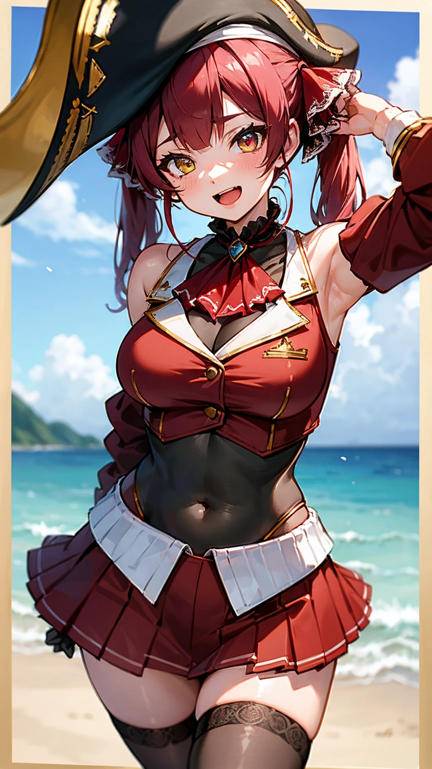 1girl, black hair, fiery red eyes, wears summer clothes medium boobs, she smile while wink her eyes, make it like tarot anime-style but no frame