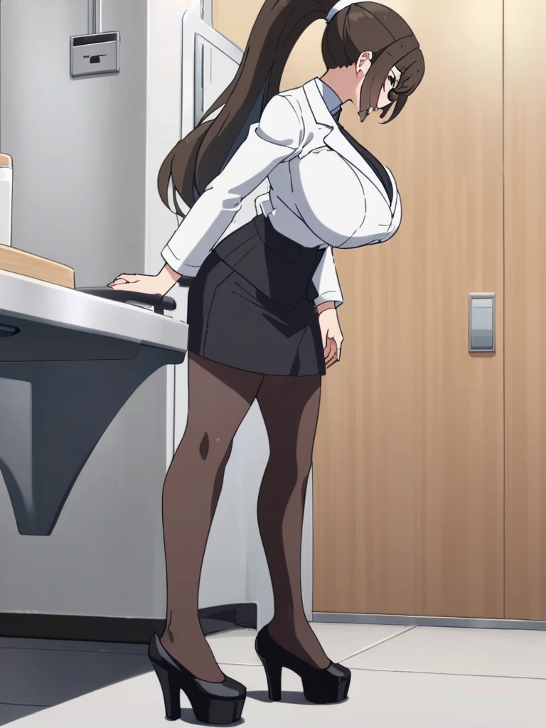 (beautiful hand:1.2), (masterpiece, best quality:1.3), Aiko Katsuragi, mature female, (full body shot:1.05), milf, 1girl, anime face, doctor, labcoat, short pencil skirt, (thighhighs:1.05), highheels, makeup, large breasts, lipstick, brown eyes, folded ponytail, brown hair, cleavage, perfect body, (athletic body:1.3), perfect eyes, perfect retina, anime eyes, eyeliner, eyeshadow, perfect face, (caring look:1.1), look at viewer, blush, high sharpness, sharp focus, medical room, professional artwork, intricate details, vivid colors, Diffused lighting, digital blending, ultra detailed body, ultra detail hair, ultra detail face, trending on pixiv