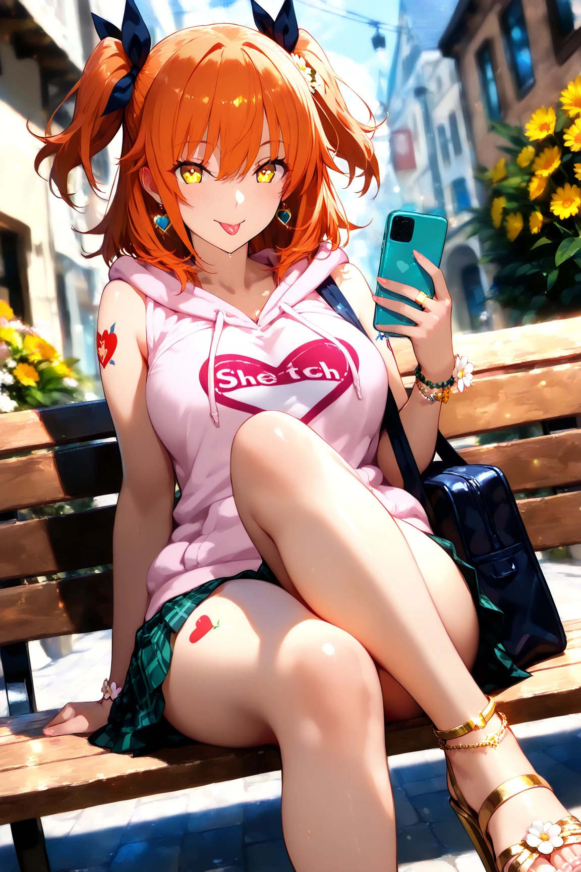 (masterpiece)(8k)(cute)(18-year old girl)(1girl:1.5)(solo:1.8)(wild hair:1.3)(short hair:1.3)(orange hair)(flat chest)(small breasts)(white cooking bandana:1.2)(green pupils)(glossy skin)(glossy lips)(glossy eye-shadow:1.1)(shiny)(playful)(choker necklace)(pink hoodie:1.2)(bra straps)(denim shorts)(balcony)(happy and smiling:1.3)(surprised:1.2)(bright)(shadows:0.4)