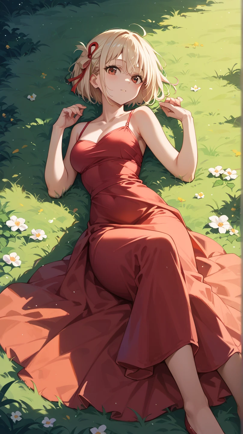Beautiful German influencer, 21 years old, blonde hair with curlers, side part, green eyes, sitting on a sofa in a red dress, full body view. Brick wall behind the sofa. Viewed in profile and she leans back on the arm of the sofa. The sofa faces forward.