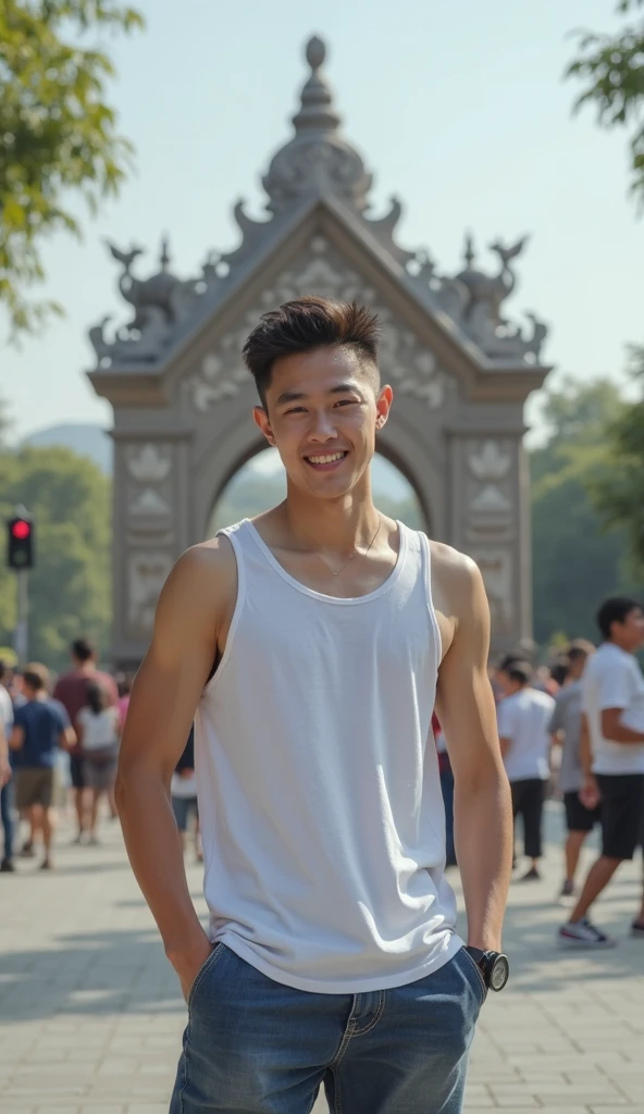 (8K, RAW photo, photorealistic:1.25), Full body shot, hdr photo, photorealistic, hyperrealistic, of a 25 year old Korean man, fit body trapezoid, white skin, oval shape, two block hairstyle, dressed in white shirts, khaki chinos, white air jordan sneakers, smiling pose, eye level angle, standing in the Eiffel Tower. 800mm lens, macro photo, focus photo, deep focus, very detailed, taken with hasselblad x2d, nature photo, professional photography, award winning, national geography documentary, (bright color ):1.25