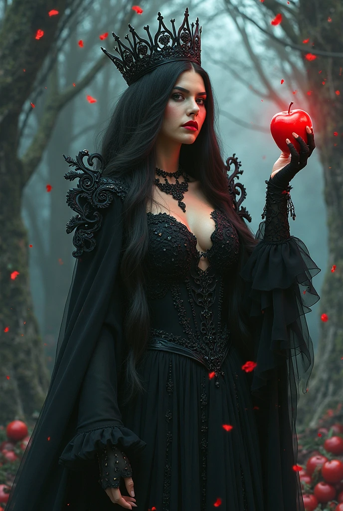Girl,Black long hair，Black Queen，accessories，Apple in hand，Poison apples，Witch Queen，Red lipstick
