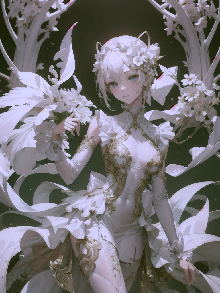 ((best quality)), ((masterpiece)), (detailed), 1girl, Character design, NSFW, scholarly female, scholar, female scholar, educator, teacher, fortune teller, holding a large bell, carrying a large bell, ringing a large bell, bell, astrology, astrological symbolism, star reading, celestrial theme, heavens, heavens above, constellations, imposing, terrifying, biblical, blood magic, blood mage, dynamic poses, long white grey hair, grey white eyes, very skinny, detailed, best quality, prominent collarbones, skinny arms, flat stomach, visible hip bones, small breasts, full body, blank white background, plain background, white background, red and white clothing, Bloodborne inspired, occult aesthetic, occult, detailed and intricate steampunk and detailed gothic, NSFW, Fluttering lace flared long knee length dress with frilly petticoats, knee length dress, pleated petticoats, petticoats gothic, complex lace boots, gothic aesthetic, wielding a mighty sword with mechanical components, mandalas, small breasts, a fairy, various different types of insect wings, bug wings, beetle wings, NSFW, full body, whole body, body, chains,