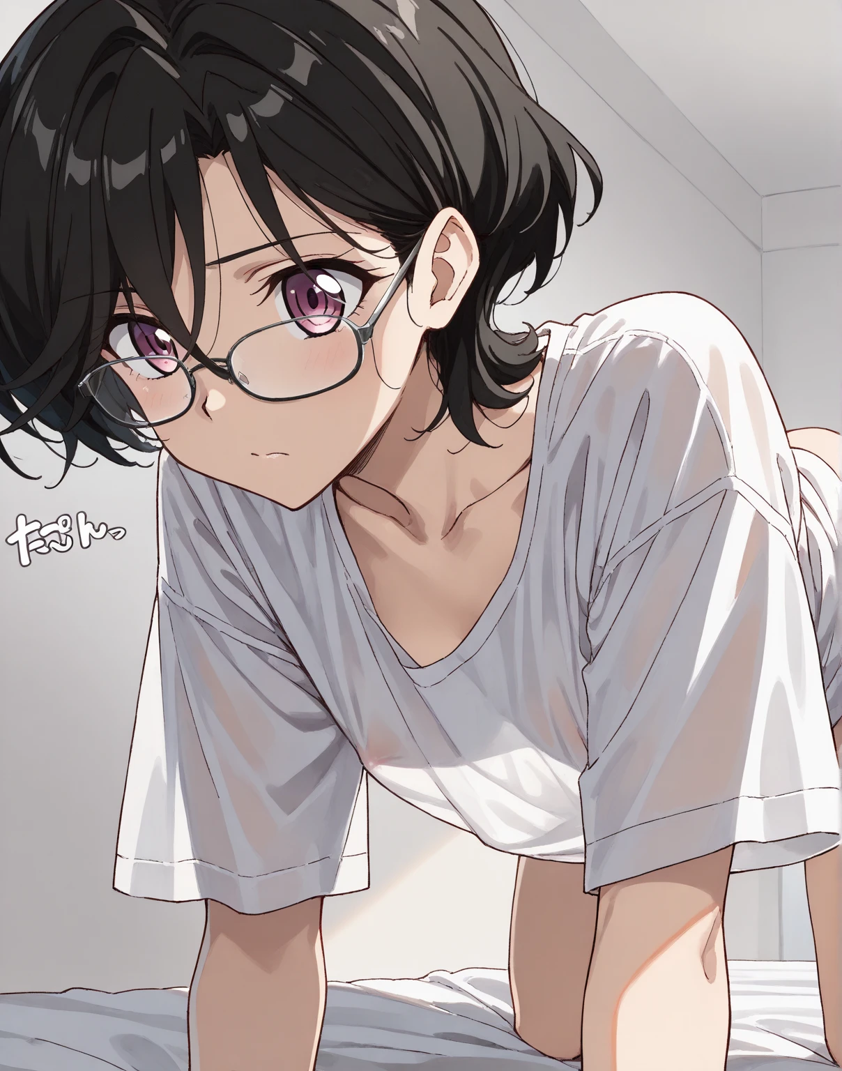 who is height 1.49 bring money pink hair black glasses pink eyes watery an extremely blushing naked and an extremely shy girl who has her bedroom She on top of him his penis entering her vagina there is a little bleeding