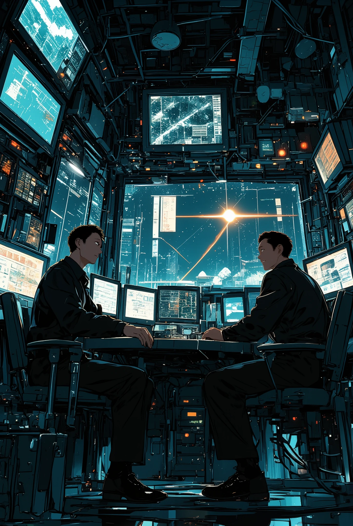 photo-realistic cinematic scene, two Japanese men seated side by side in a dimly lit control room, one is thin and sharply dressed in all black (resembling Itakura from Impulse), the other is large-built with a prominent nose and calm posture (resembling Nobuyuki Sakuma), both watch something off-screen with faint, knowing smiles, glowing monitors reflect in their eyes, filled with cryptic data and surveillance feeds, the room is filled with cables, blinking lights, and humming equipment, the air is thick with quiet confidence and unseen power, masterpiece, ultra detailed, best quality, aidmamj6.1
