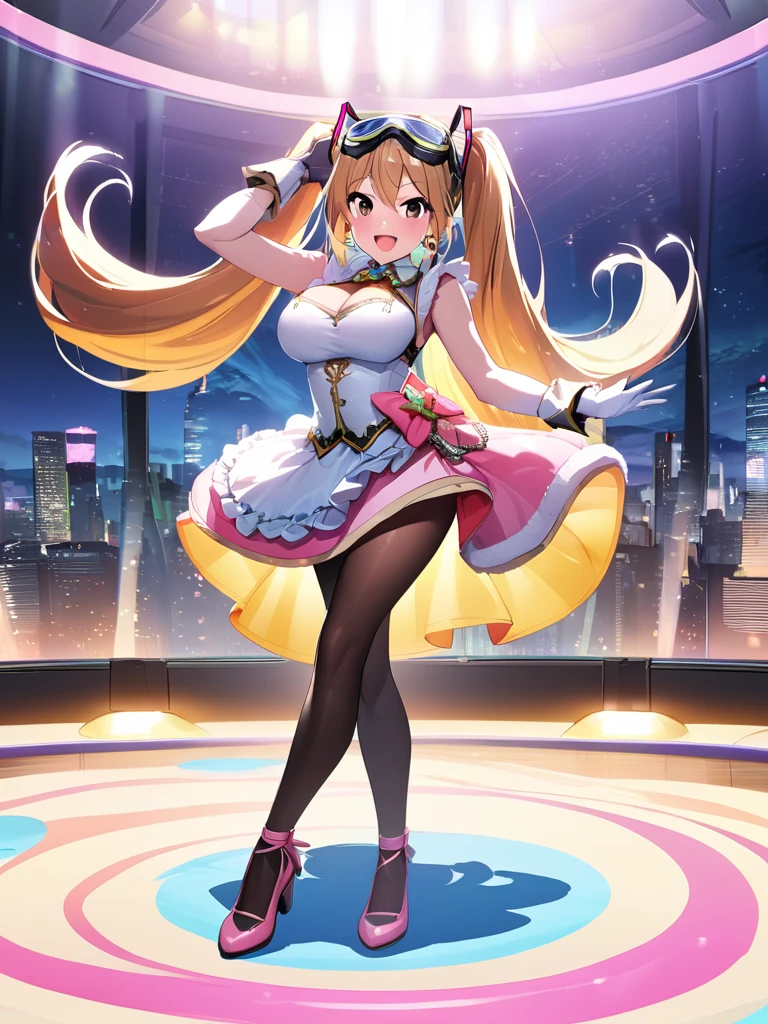 (of the highest quality、4k、8k、High resolution、masterpiece:1.2)、Super detailed、(animated style、photorealistic:1.37)、Neon light、bright colors、Glowing atmosphere、futuristic fashion、shiny fabric、neon sign、bustling city streets、safe pose、vibrant energy、Nightlife sensation、 dynamic movement、creative patterns、intense saturation、Avant-garde style、kaleidoscope reflection、Fashion Forward、fluorescent light, Charlotte Dunois, long blonde hair, white ribbon in ponytail, ponytail,  purple eyes,  white maid outfit with red, very small breasts