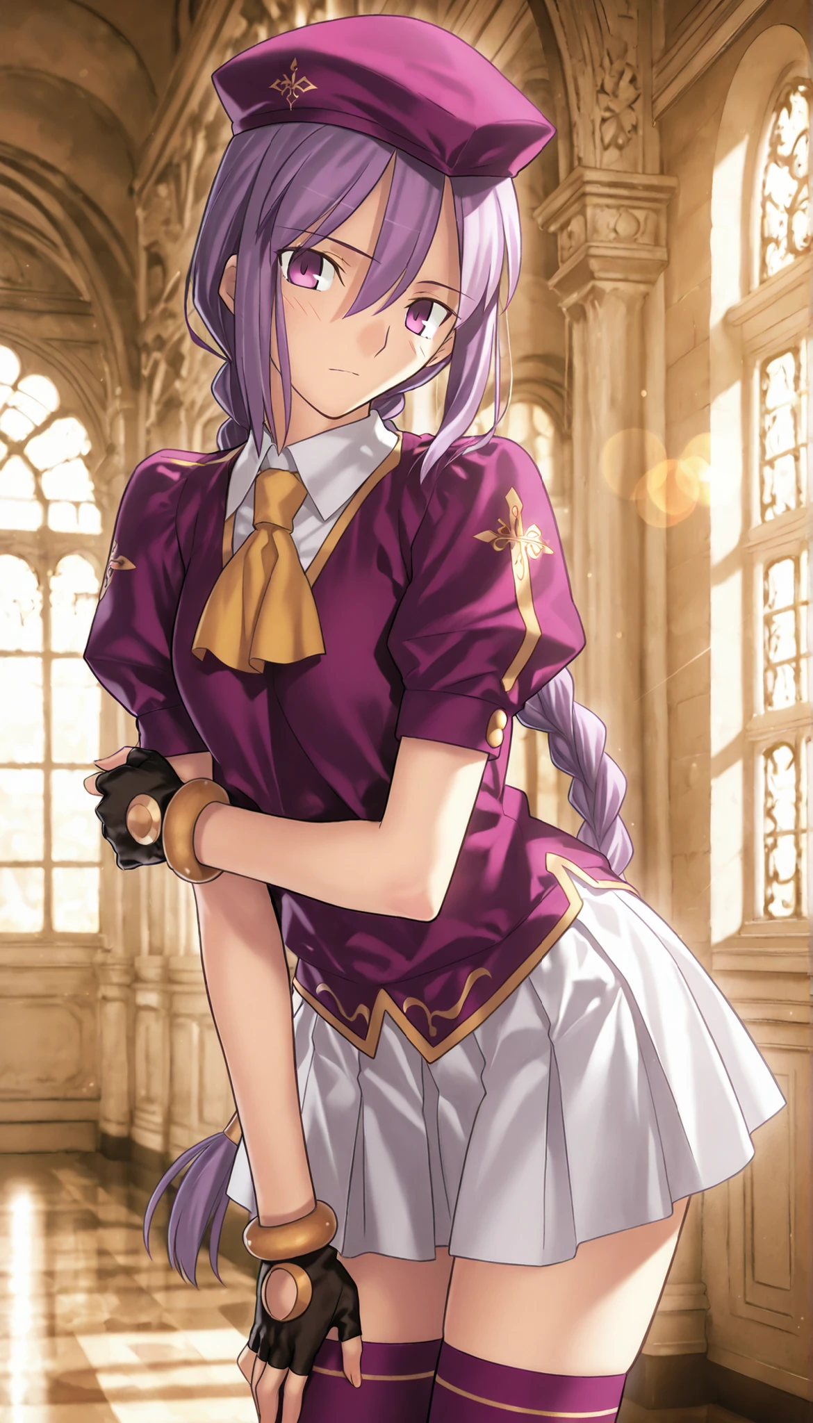 masterpiece, , absurdres, highres, detailed background, high resolution, masterpiece, necessary, detail, best quality, quality, necessary, details, High details, Precise, 8k indoors, (((mansion))), lens flare, blurry background, from side ,
1girl, Takeuchi Takashi (type-moon,tsukihime) style, takeuchi takashi style, (aged up), (hopping), leaning forward,
girl, (slender body, slim arms, slim bod), (Sion) Eltnum (Atlasia) ,sion eltnam atlasia,(fate), purple hair , purple eyes, half-closed eyes, tsurime, hair between eyes ,long bang, long hair , braided hair , braided ponytail , yellow ribbon , EltnumOutfit ,small breasts, light purple sweater ,puffy short sleeves, collared undershirt , white undershirt , undershirt , yellow ascot ,(short sleeve), ,white skirt ,miniskirt , gold trim ,purple thighhighs ,single glove ,fingerless glove, black glove ,dark purple beret, ,((head tilt)), looking at viewer,(small breasts), arm under breasts,