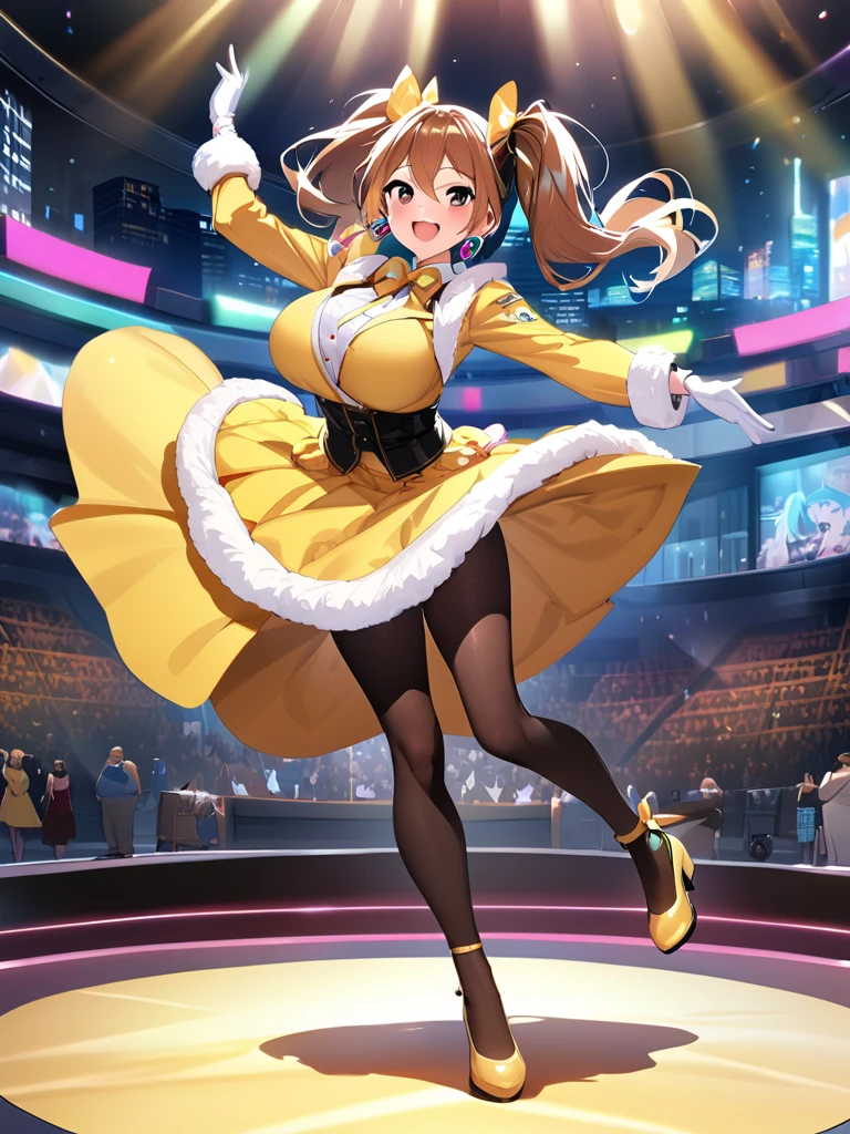 ((Finest quality)),(超A high resolution),(ultra-detailliert),((Best Anime)),Isshiki Roha, shorth hair, brown haired, Brown-eyed, yellow rabbit ears headband,Yellow Bunny Girl,yellow leotard,yellow stiletto heels,Black tights,a bow tie,A smile, Solo,stage