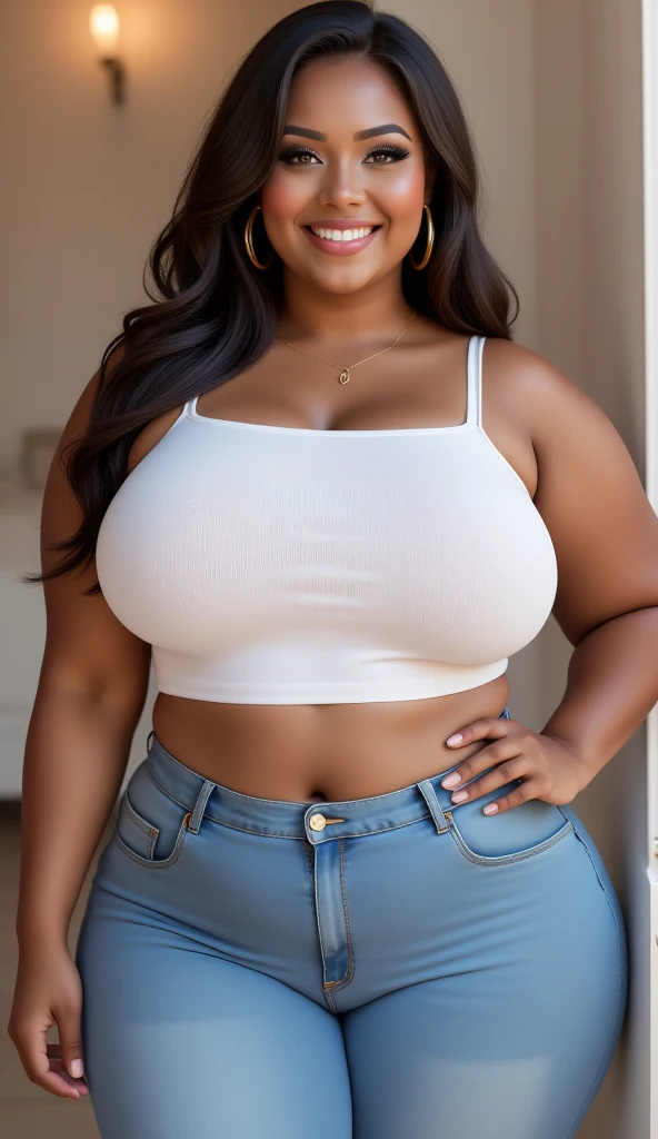Masterpiece, Best Quality, 1 girl, alone, beautiful 15 year old african and asian mix, dark skinned woman, dark hair, long, frizzy, Curly hair, Perfect face, cabello long, very large busts, (huge breasts: 1.4) sexy full body (perfect body dressed in a stylish white turtleneck that highlights her big nipples and tight jeans that show off her big, wide hips.) and walking in the city
