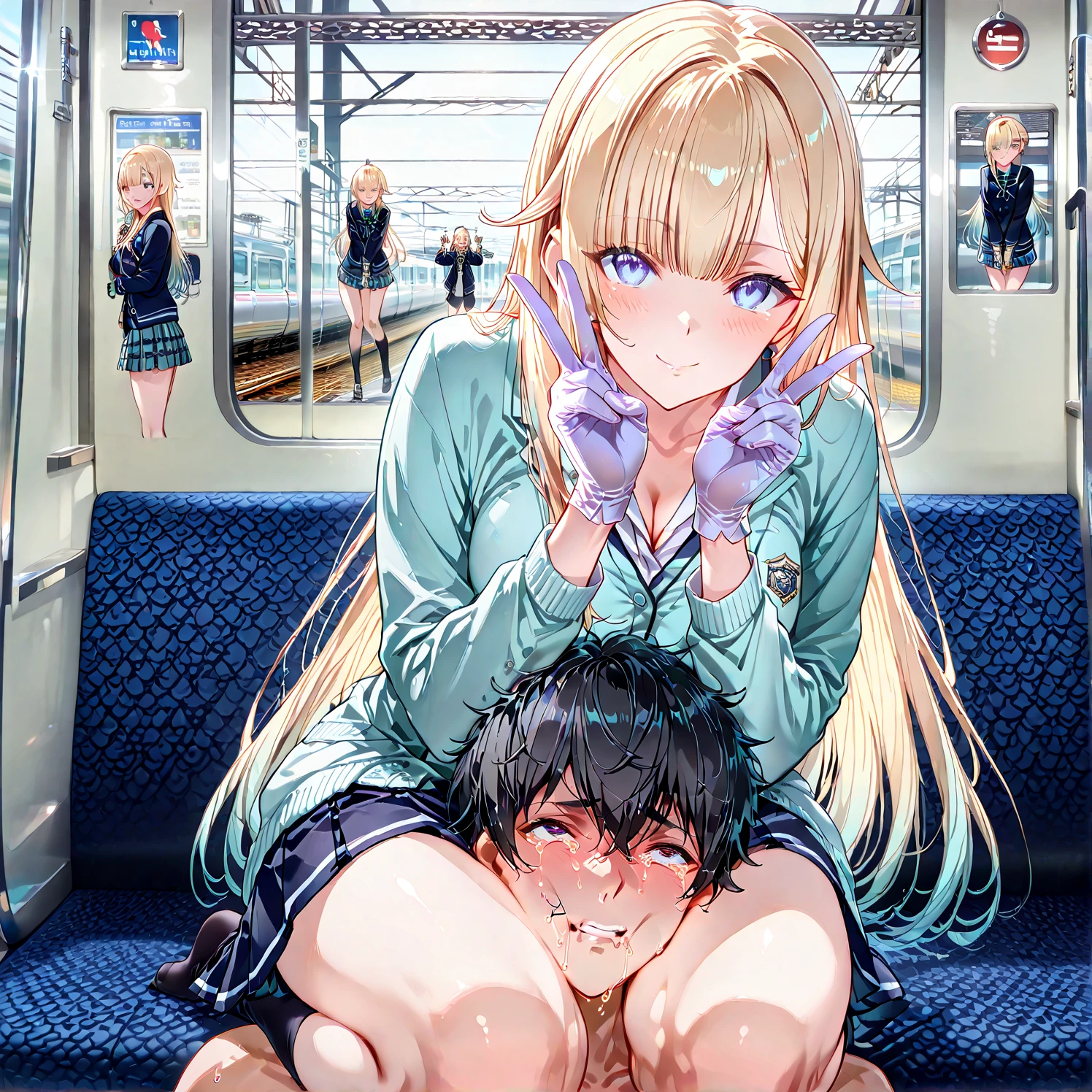 masterpiece, best quality, very aesthetic, absurdres, 1girl, Kitagawa marin, sono bisque doll wa koi wo suru,sitting on seat, in train, spread apart, panties, blush, anime artwork, anime style, key visual, vibrant, studio anime, highly detailed, looking at viewer, full body