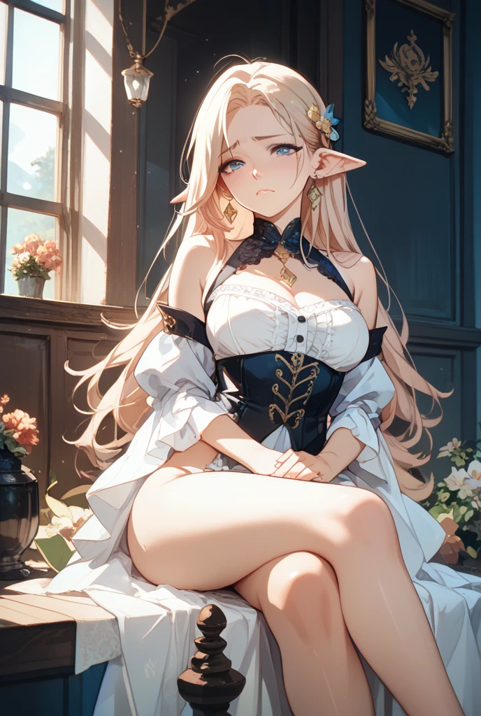 Anime Waifu beautiful detailed eyes, beautiful detailed lips, extremely detailed eyes and face, longeyelashes, 1girl, sensuous, young woman, medium breasts, beautiful feminine face, nice thighs, slim, sexly, erotic, beautiful clothes, perfect body, cinematic lighting and framing, (best quality,4K,8k,highres,masterpiece:1.2),ultra-detailed,digital painting,portrait,glamorous,highly detailed,soft lighting,warm color tones better, hatsune miku, , Giant tits, giant ass, very curvy, Strawberry blonde with curly bangs, pastel pink eyes, fleshy lips, seducer, soft smiling, white flowing dress with long puffy sleeves, elf ears, crown of flowers, thick-thighs, Curvy physique