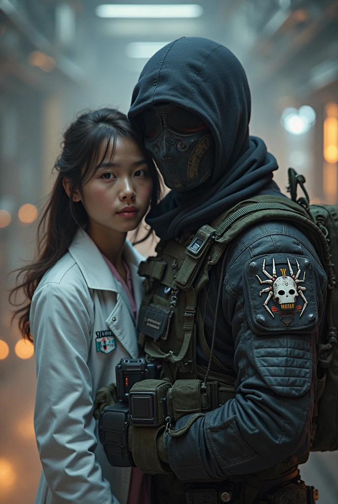 long shot, cyberpunk man with a assassins ying and yang mask wearing black clothes and long coat, bountiful lady in white next to him in the city, high detail, wide shot, 4K, 3D, REALISTIC, (iridescent glow smoke), UHD, 32K, very bold neon colors, black light, neon light