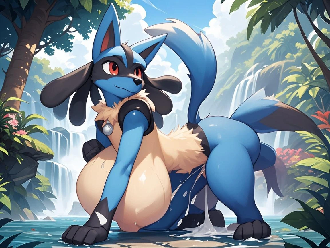 HD, masterpiece, high details, female lucario, naked, medium breasts, little smile, kneeling, taking a bath, lake, waterfall, wet body, yiff, nsfw