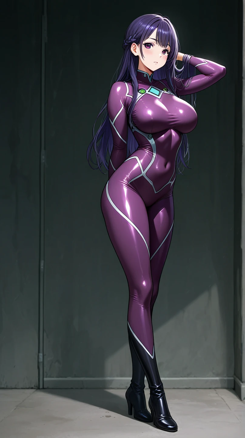 (masterpiece:1.2, Highest quality,High resolution,Very detailed),8k,wallpaper,(1 female:1.6),(Mature Woman,Big Breasts,Thick thighs,Beautiful Face,Detailed face,Long eyelashes,Droopy eyes,Beautiful Eyes),((Dreamy look)),BREAK(Very shiny purple latex bodysuit:1.6),(Detailed hands),(Hand,detailed,perfect,perfection,hands),(front:1.6),(armpits:1.6),((Full Body Shot:1.6)),((((White background:1.6,Plain background:1.6))))