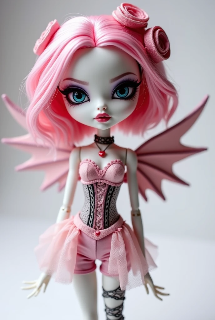 Character Design:
Character Type: A cute, stylized demon girl.
Pose: Seated in a relaxed, playful pose with legs extended and slightly crossed at the ankles. Leaning back on one arm for support.
Expression: Flirty and mischievous with a slight smirk.
Appearance:
Hair:Curly, pink hair styled in a vintage, pin-up fashion.
Eyes: Large, expressive eyes with long eyelashes.
Horns: Small, black devil horns protruding from the head.
Wings: Small, bat-like wings extending from the back.
Tail: A long, black devil tail with a heart-shaped tip.
Outfit:
Top: A black, tight-fitting corset with a sweetheart neckline.
Legwear: Pink, thigh-high stockings with a black heart pattern.
Shoes: Black high-heeled shoes.
Accessories: Black choker around the neck.
Background:
Color Scheme:Dominantly pink with soft, pastel hues.
Elements:Light grey clouds and sparkles scattered throughout to give a magical, dreamy effect.
Style:Pin-up, retro-inspired with a modern twist.
Coloring:Bright, vibrant colors with a focus on pinks and blacks.
Line Art:Clean, bold lines to emphasize the character and details.