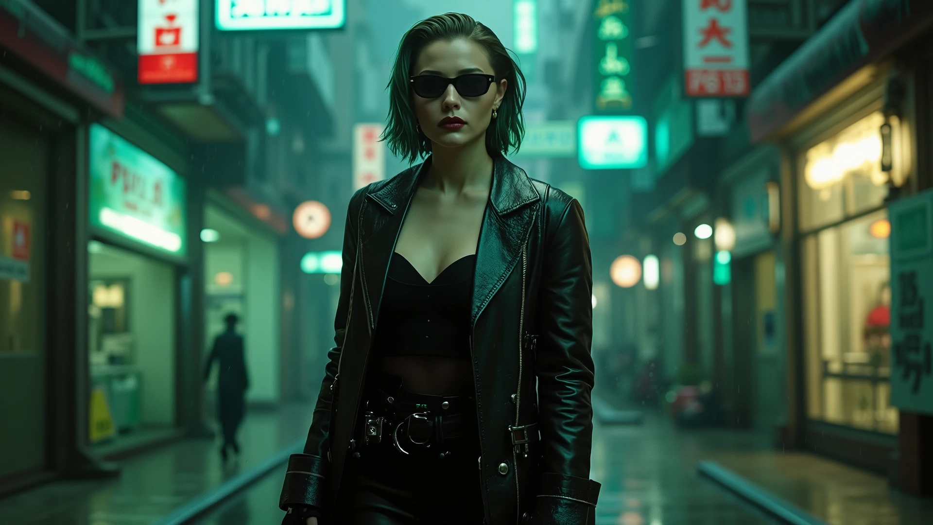 Blade Runner style futuristic city street, at night. (((1girl, solo, alone))), female assassin, large-breast:1.4 slim:0.8 body, medium hair, cleavage:1.1, sexy micro laced lingerie with jacket, (black sunglasses), (((((she raised a pistol:1.8 and shot the viewer))))), standing pose, ((half-body thigh:0.95 level medium shot)), cinematic lighting, lens flare, ray tracing.