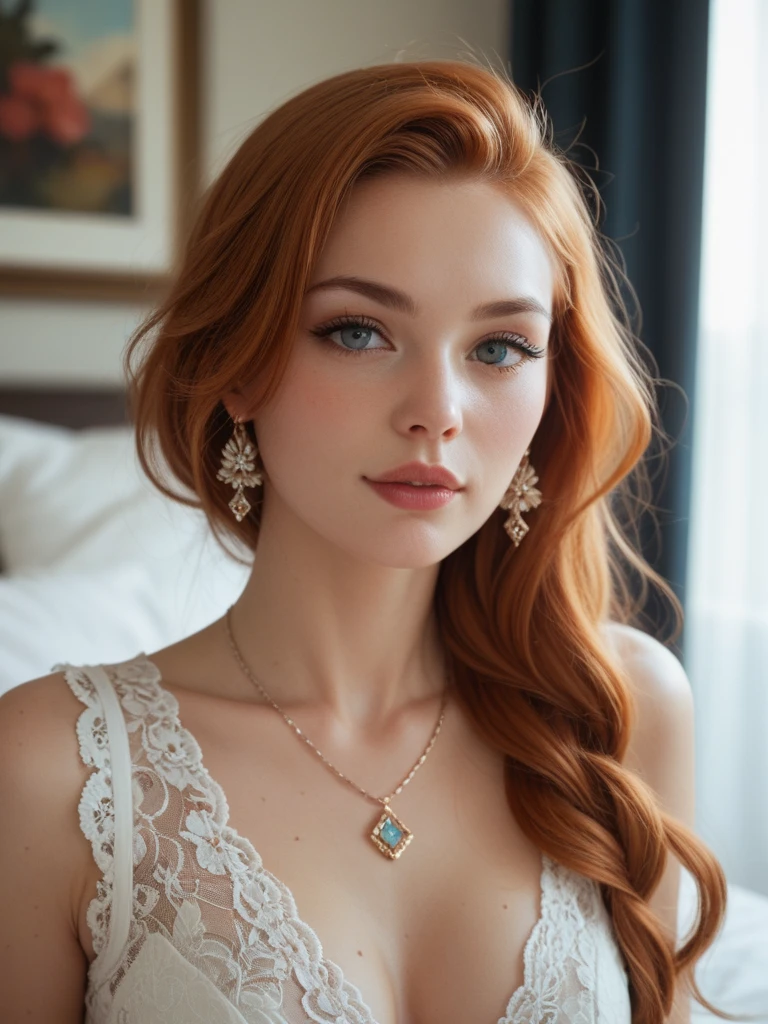 (((Long hair))), (((wavy hair))), ((((Light orange hair)))), (((Light blue eyes))), (((pink blush))), (((blue small Emerald earrings))), ((((blue lacy underwear)))), ((((blue color lace embroidered and detailed garters)))), (((fantasy lingerie))), (((dark orange eyebrow))), (((thick sexy leg))), ((((small chest)))), (((sexy face))), (((bedroom))), (((4k detail))), (((very fine detail))), ultra high res, 8k,