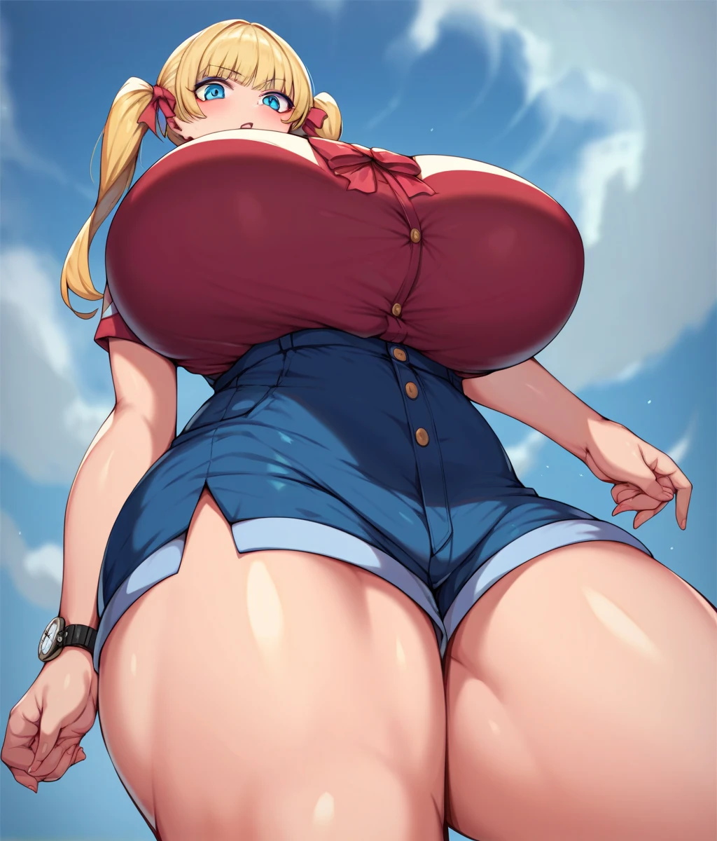 (masterpiece, best quality, highres, detailed, realistic:1.2), anime, american woman, beautiful face, detailed face, (gigantic breasts:1.5), (sagging breasts:1.2), hanging breasts, cute, innocent, shy, withdrawn, (anxious expression:1.3), topless, tying shoes, untied laces, 