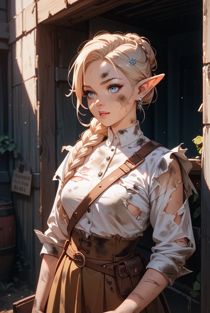 blond short hair ,(best quality), (ultra detailed),(disheveled hair),(illustration), (1girl), (Fashionable clothing), standing, Fashion model, masterpiece, best quality, bow, elf girl