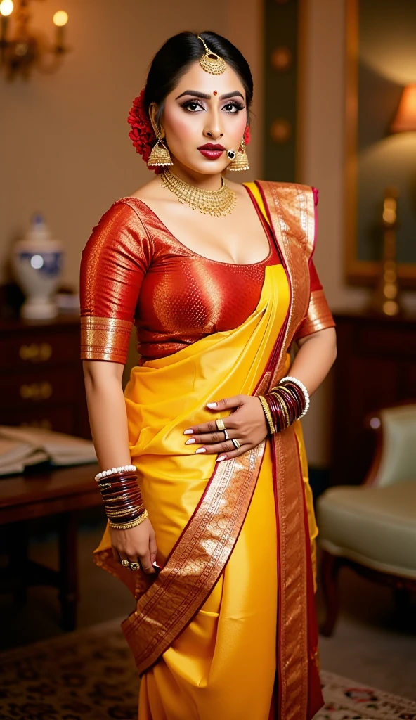 Foto RAW, photorealistic, photography, full body shot, master shot, perfect eyes, goddess like beauty, pierced eyes, perfect thick chubby mallu Desi aunty bhabhi, Full figured woman, juicy thick figure, bulky figure, curvy, fleshy curvy figure, voluptuous body, wide body, full figured aunty, Sexy navel folds, fleshy figure, heavy figure, Wearing a Stanapatta, a chest-band.Saree model, model Photography, Indian saree shoot, Indian traditional wear advertising photography, traditional wear brand shoot, face of Indian actress Sonakshi Sinha, masterpiece, realistic, realism, incredible details, pleasure, photorealism, detailed skin, skin pores, high contrast, photorealistic Artstation 8k HD digital art trend of high definition and detailed realistic skin texture, ultra detail, realistic skin texture, armature, best quality, ultra high definition, (photorealistic:1.4),, high resolution, detail, raw photo, sweat, Re sharp, by Lee Jefferies Nikon D850 Film Stock Photo 4 Kodak Portra 400 Camera F1.6 Lens Rich Color Ultra Real Realistic Realistic Textures Dramatic Lighting Unreal Engine Trending at Art Station Cinestill 800,(pele altamente detalhada: 1.2), 8k UHD, DSLR, soft-lighting, alta qualidade, grain of film, Fujifilm XT3,she didn't like to wear blouse or bra, she is happy to wear only saree, she hates blouse or bra, detailed hairy armpits, hyper realistic skin, skin pores, sweat, veins,