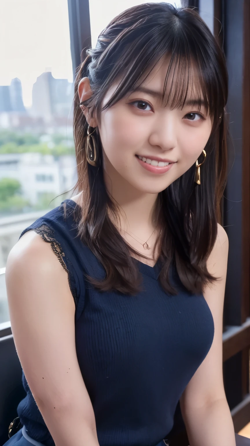 1 Japanese beauty , depth off field, first-person view, f/1.8, 135mm, Nikon, ultra high definition, retina, masterpiece, accurate, anatomically correct, textured skin,Very white skin、 clear skin 、 Super Detail, high detail, high quality, Best Quality, high definition, 1080P, high definition, 8k, (big boob:1.4),Japanese beauty 1 person,((((A glamorous woman with striking dark eyeshadow in rich plum shades, high-contrast studio lighting creating a moody effect))))、 (she has heterochromia, and her eyes are different colors, which makes her incredibly captivating)、(Drunken Blush Makeup)、round face、She is smiling very happily、she is smiling with squinty eyes、INSANELY BEST SMILE、she is smiling with her mouth open、Her front teeth are neatly arranged、(she has cute little vampire fangs)、(Braided Top Knot,twisted side part ponytail、Braided Headband,half up、Braided Space Bang,voluminous fishtail braid,Twisty Bang)、(She is wearing a Collared blouse with v-neck(dark blue:1.5))、break、(She's wearing a see-through panties)、She is in an IT firm's office at sunset、break,She is sitting in a window seat、I can see a skyscraper city out the window