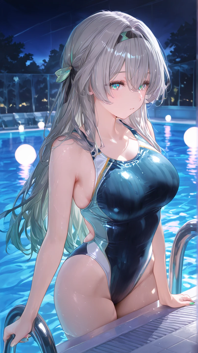 masterpiece, exquisite, {beautiful and meticulous girl}, beautiful and detailed halo, (fire of war: 1.2), (fire explosion behind: 1.3), rain, detailed lighting, detail water, (beautiful and detailed eyes: 1.1), glitter_force, palace, sky blue hair, scattered hair, long bangs, eyebrows, (Open Stitch Ring Linked Halter Neck Backless Swimsuit: 1.1), black ribbon, white bow tie, upper abdomen, big forehead, flower, leaning_forward
