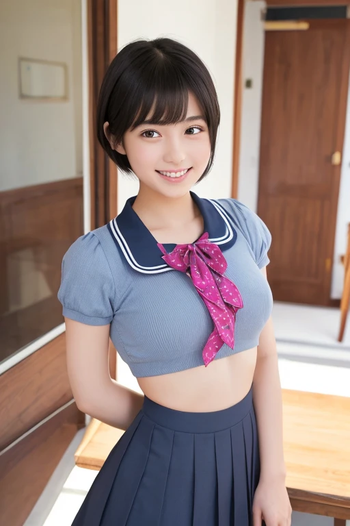 High school girls、17 years old、(((Short sleeves、Summer sailor uniform)))A pure and beautiful girl、((脚を開いて''pantiesを見せる''))、Sit on a chair with open legs、In the classroom、(Black pleated skirt)、Short sleevesセーラー服、綺麗なpubic、Big Breasts、Big Tits、Big 、((pubic、panties))、Show me your pants、Open your feet wide、(Straight Short Hair)、Show your pants、Henyo Henyo Face、(((脚を開いてpantiesを見せてください)))、Firm breasts、Protruding breasts、(ショーサイズpanties)、pantiesの食い込み、(((Pussy line、Cameltoe)))、Brown Short Hair