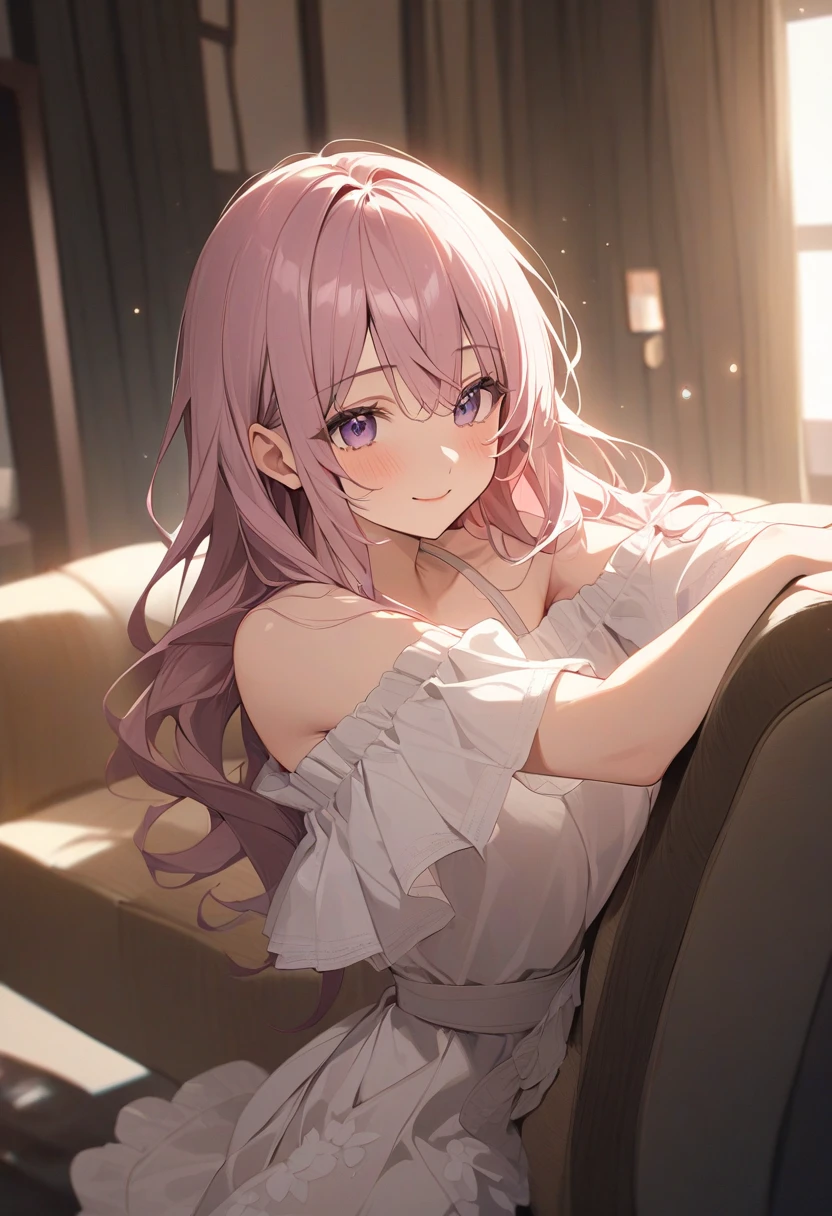 1 girl, game CG, white bathrobe, jewel pendant, gigantic breasts, pink hair, long hair, hair up, princess hairstyle, ahoge, pink eyes, mountains, trees, indoors, rain, sitting, from the side,
