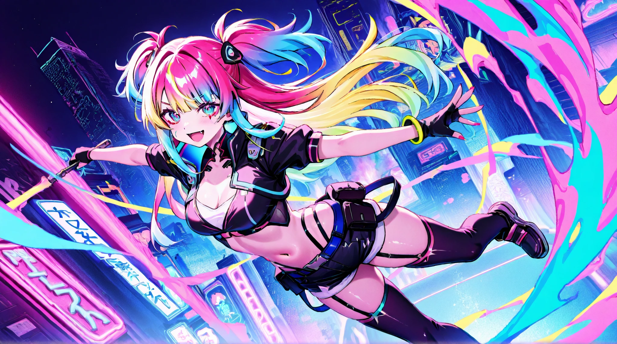masterpiece, confident lol, squint, hi-res, profoto, concert venue, spotter light, rock singer, 1girl, solo, rainbow hair, hoodie, belly button, straight hair, hands in pockets, headphones, long hair,