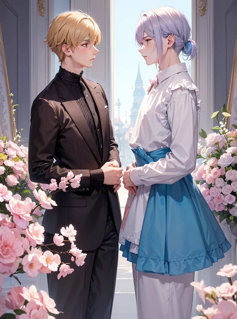 young man,pink hair,short hair,Swipe left,Big black bow tie on head,red eyes,Bright atmosphere,lucrative,smile,cute,cake,white rose garden,pink dress,pink pants,Stockings above the knee