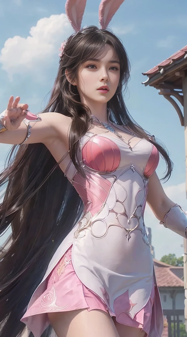 (1girl:1.3), Solo, __body-parts__, Official Art, Unity 8k Wallpaper, Ultra Detailed, Beautiful and Aesthetic, Masterpiece, Best Quality, RAW, Super Fine Photo, Best Quality, Ultra High Resolution, Photorealistic Photorealism, Sunlight, Full Body Portrait, Amazing Beauty, Delicate Face, Vibrant Eyes, (From the Front), Detailed Face, Gorgeous, Highly Detailed Skin, Realistic Skin Details, Visible Pores, Sharp Focus, Volume Fog, 8K uhd, DSLR, high quality, film grain, fair skin, photo realism, brunette hair, brunette hair, breasts, open eyes, split sleeves, skinny, transparent, pink, dress, transparent panties, pink, twisted braid, long braid, jewelry, gold accessories, gorgeous accessories, complex, delicate lips, long hair, medium breasts, outdoor, closed lips, petals, peach blossoms, rabbit ears, pink rabbit ears, standing, dynamic pose, upper body