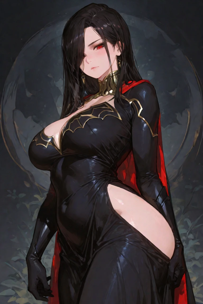 black hair, extremely long hair, yellow eyes, pale skin, muscular, large breasts, thick thighs, mad, dragon, 1 girl