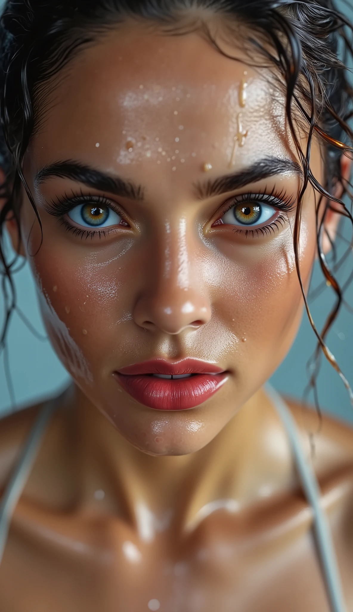 Realistic (photorealistic Realism), (high resolution), ((intricately detailed digital art)), professional photography, ((portrait)) a cute 1 Female, European, (ultra realistic texture details: velvety skin, hair),((close-up of her eyes:1.4)),((sharp focus, no blurr eyes, high resolution, absurd quality, Realistic brown_eyes:1.4),intricately detail:1.35),((extremely fine details eyes))((extra narrow eyebrows))(extremely fine details pupils).((perfect dark_eyeshadows:1.4)),(apply glossy red_lipstick:1.3),(perfect proportions:1.2),(anatomically correct), perfect female body, full bodyesbian, ((Beautiful long legs in good style:1.35)), ((no bra, no panties:1.3)), (medium butt), ((skinny body build:1.35)),(perfect hot model body:1.4), ((slim belly: 1.3)), ((muscular body)), (Beautiful bikini, made of PVC ribbon), (Micro Slingshot Swimsuit: 1.28), ((Wear Micro Sling Made of ((ultra Narrow,, Sparkly neon)), Tight, PVC Ribbon: 1.3)), ((short wet culry heban hair), (curls at the ends of the hair), hair above one eye,(combed to the side)), 1  slavic 45's woman, moan, moist mouth orgasmic open, seductive look ,black eyes, little pain face, blonde hair, white sleeveless,  white sleep shorts, socks, wide hips, leg, plumped lips, face down ass high, lift ass high, bubble ass, posed on ultra low-angle shot, holding a coffee cup before her breasts with one hand while delicately leaning near nipple, partially clothed in a white open shirt, rising steam from coffee, revealing a minimal white undergarment, second hand is hiding to shirt, toned physique, with soft lighting highlighting the curves creating a serene atmosphere. looking at the viewer, whole body, front view, simple background.