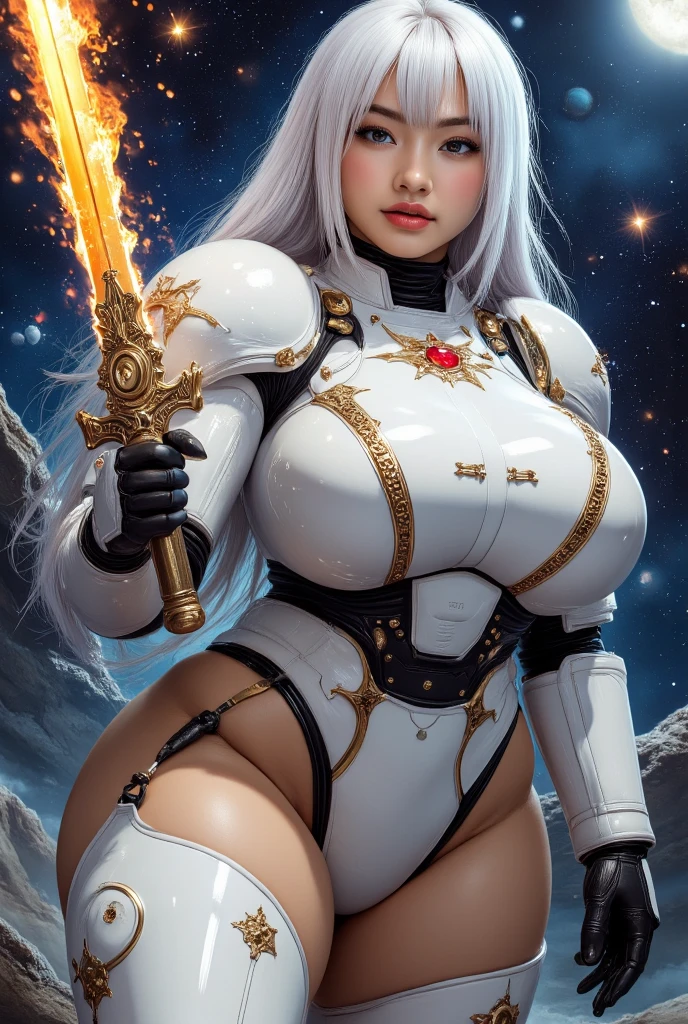 beautiful and sensual Steelheart of the silverhawks, in silver metallic gothic warrior costume. on a galaxy background with moons, planets, stars and sun. Steelheart, silver shirt with striped sleeves, denim jacket, denim shorts, denim skirt, black stockings, silver boots, mid riff, silver gloves, long blonde hair, ,ruanyi0788,garter belt,garter straps,lingerie,latex,underboob,black bra,thigh strap, bandeau, harem outfit,detached sleeves, bridal gauntlets, silver footwear