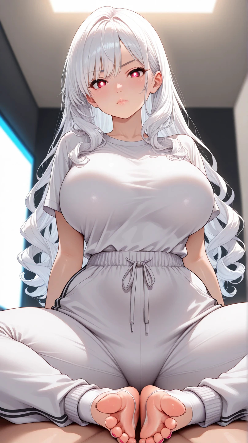 (best quality:1.5, highres, UHD, 4K, detailed lighting, shaders), white wavy haired, gradient hair, large breasts, white social shirt shirt, red social short skirt, mature woman , (pov), white background, colorful eyeshadow, dramatic lighting, sparkling eyes, sensual expression, golden earrings, flowing hair, delicate facial features, soft skin, high cheekbones, urban setting, white background, dont look for the camera, sit and lift the skirt