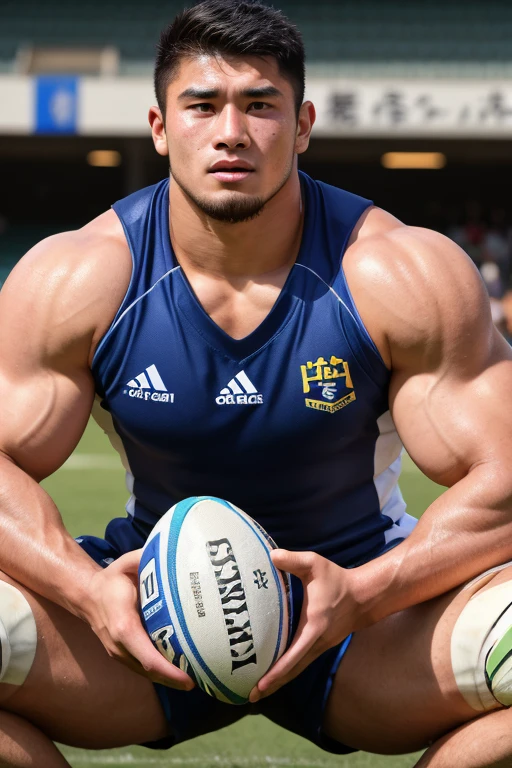 ((highest quality)), ((masterpiece)), (detailed), ((Perfect Face)), 4k, Shaved head, Young Japanese, Muscular, Fat body, Very big man, smile, ((showing off crotch)) A large Japanese man shirtless、whole body、Rugby player、Thick legs、Thick arm muscles、Intimidating、whole body、wearing a very tight and very short black-shorts, (shirtless)、((At the rugby field)), haka dance