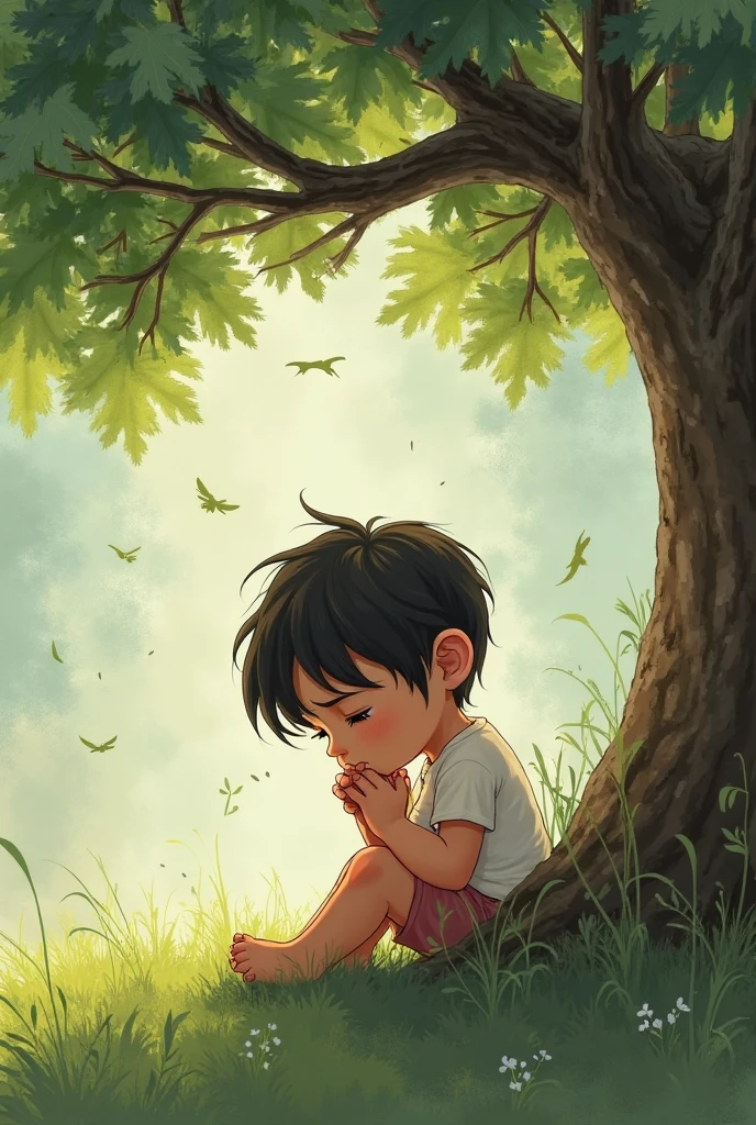 Cute sad korean young boy in garden sit down the tree