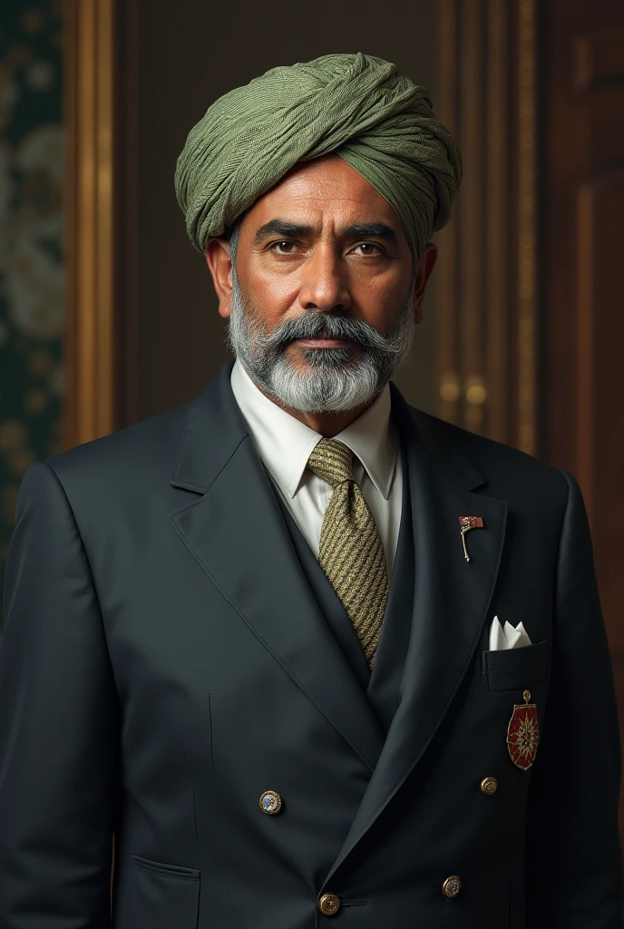 old man with green turban in three piece suit