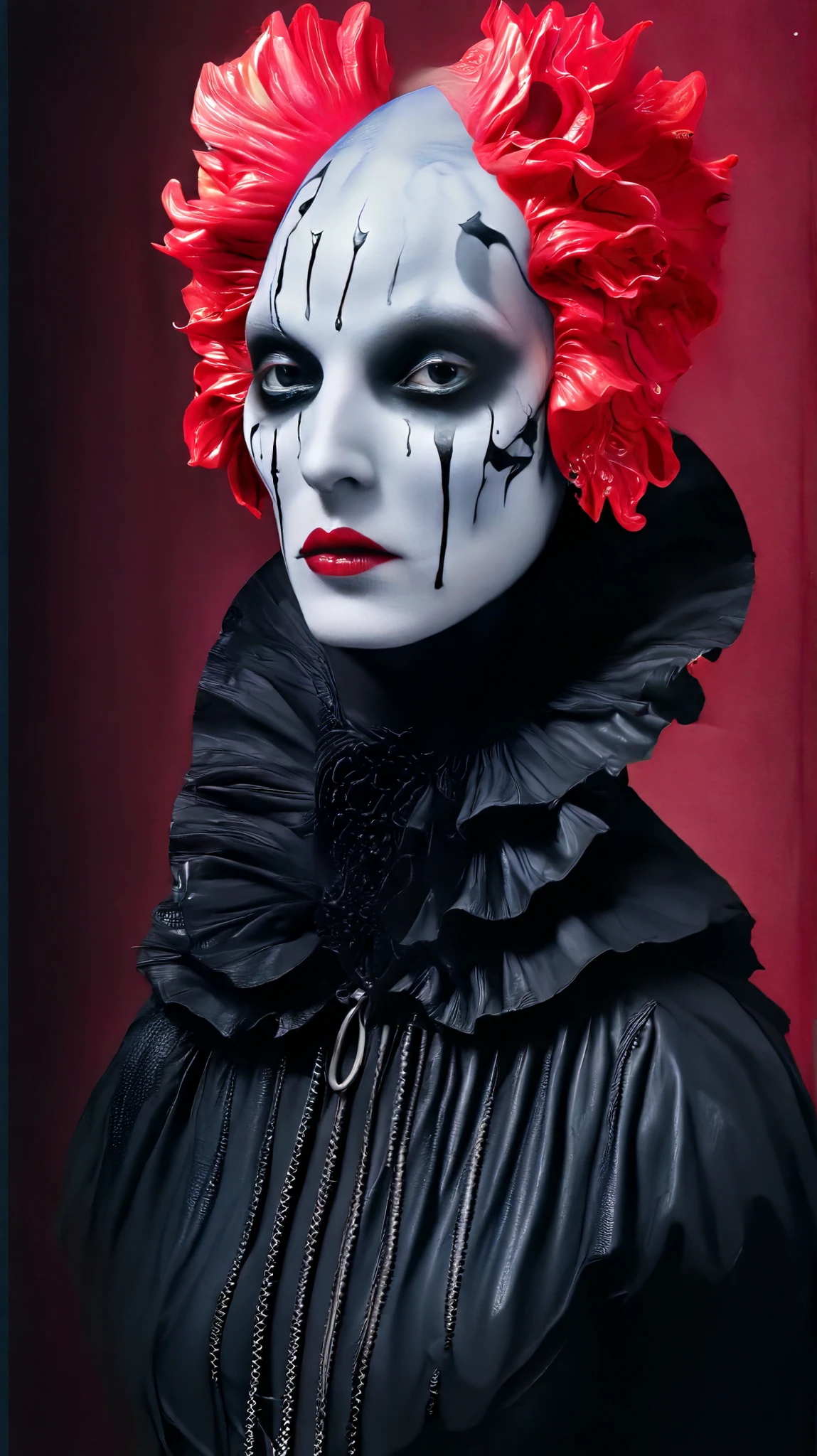 Tim Walker inspired, photography, trendy close up, leather fetish extreme sinister, whimsical settings, surreal elements, creative storytelling, vibrant colors, (detailed face:1.05), hyperrealistic, Photorealistic. Gothic