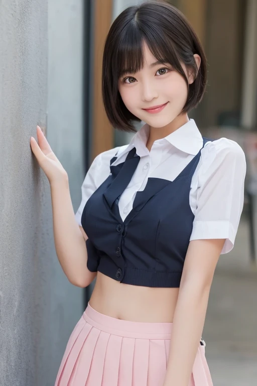 (Highest quality:1.5), (Genuine:1.5), (1 person:1.5), (Very detailed), (High resolution), 8k, (Slightly small chest), Natural color lip, Cute Smile, Japanese women, 20-year-old girl, (Perfect and beautiful face), (Big eyes), (beautiful and cute face), (beautiful balanced eyes), Beautiful double eyelids, Perfect and beautiful face, thin arched eyebrows, Slim face, (The body is slim), Beautiful thin nose, Beautiful Skin, (Medium Bob Hair), Natural Bangs, Fair skin, (With a cute look), (Bright lighting), Front lighting, (Facial lighting), Dark blue eyes, Slim waistline, (mini skirt), Slim and beautiful legs, (wearing a one-piece dress with a micro mini skirt), Beautiful and slim thighs, (Low-cut short skirt dress), (office), (sitting on desk), Beautiful breasts, Type I Valley, Beautiful breasts cleavage, A well-organized office, Bright office, There is a large window, (Cute Panties), (Showing panties:1.5), I can see your pants, Under the skirt, Sexy pose, Shooting from below, (Cute lace panties), Sexy Dress,