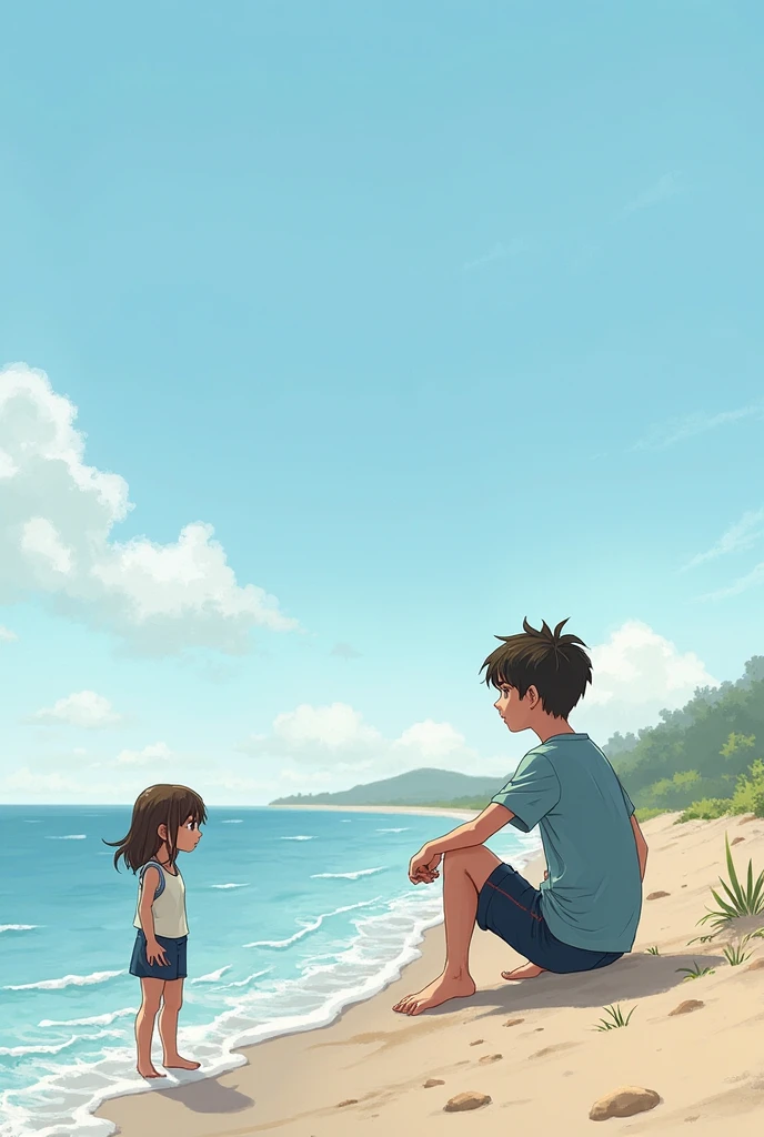 A boy and a girl sitting back to back on the beach ignoring each other