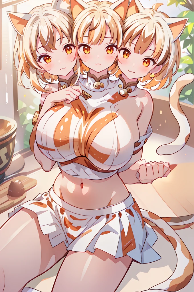 (masterpiece, best quality), best quality, best resolution, (ultra-detailed), (3heads:1.5), 1girl, (goutokuji mike1.3), masterpiece, best quality, ultra quality, ultra resolution, ultra detail, white top, crop top, ((stomach)), midriff, ((groin)), white skirt, normal ears, shackles, white hair, very long hair, wavy hair, sidelocks, orange eyes, detailed eyes, parted lips, sweat, cute, toned belly, hand on own chest, eyelashes, (23 year old woman:1.3), (masterpiece:1.5), (best quality:1.5), (beautiful detailed extremely detailed CG, extremely delicate and beautiful, depth of field, (finely detailed face), (perfect details:1.2), (mature female:1.4), wide pelvis, slender, large veiny breast, 16k resolution, highres, high quality, high definition, extremely detailed, masterpiece, best quality, white hair, long hair, alluring presence, braid, short skirt, close up, very big tits, huge tits, young, multicolored hair, streaked hair, cat girl, cat tail,