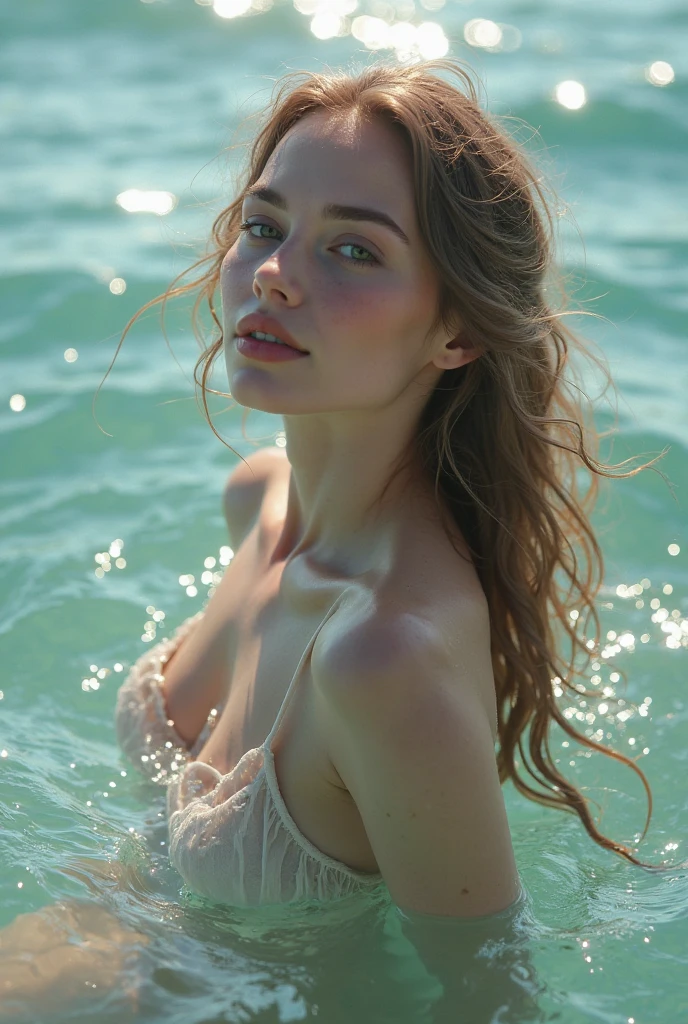 (from below), (best quality, masterpiece, highest detailed), (photorealistic:1.2), (detailed light:1.2), (Realistic skin texture:1.4), raw photo, cowboy shot, Anna Kournikova, fully nude, slight smile, swimming in the ocean, splashing, wet, looking at the viewer, hair fluttering in the wind, sunlight passing through the hair, depth of field, bokeh, water splashes