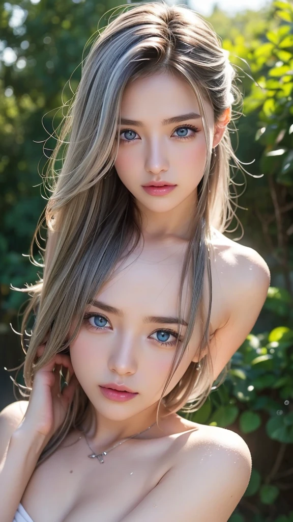 paladins io,Blue eyes, wolf ears, wolf tail, very long light blue hair, facial mark on left cheek,twin braids, canine, Moonlight, Grass, lake, naked big breasts bust profile (incredibly detailed, beautiful detailed face, Masterpiece, Best Quality) huge nude