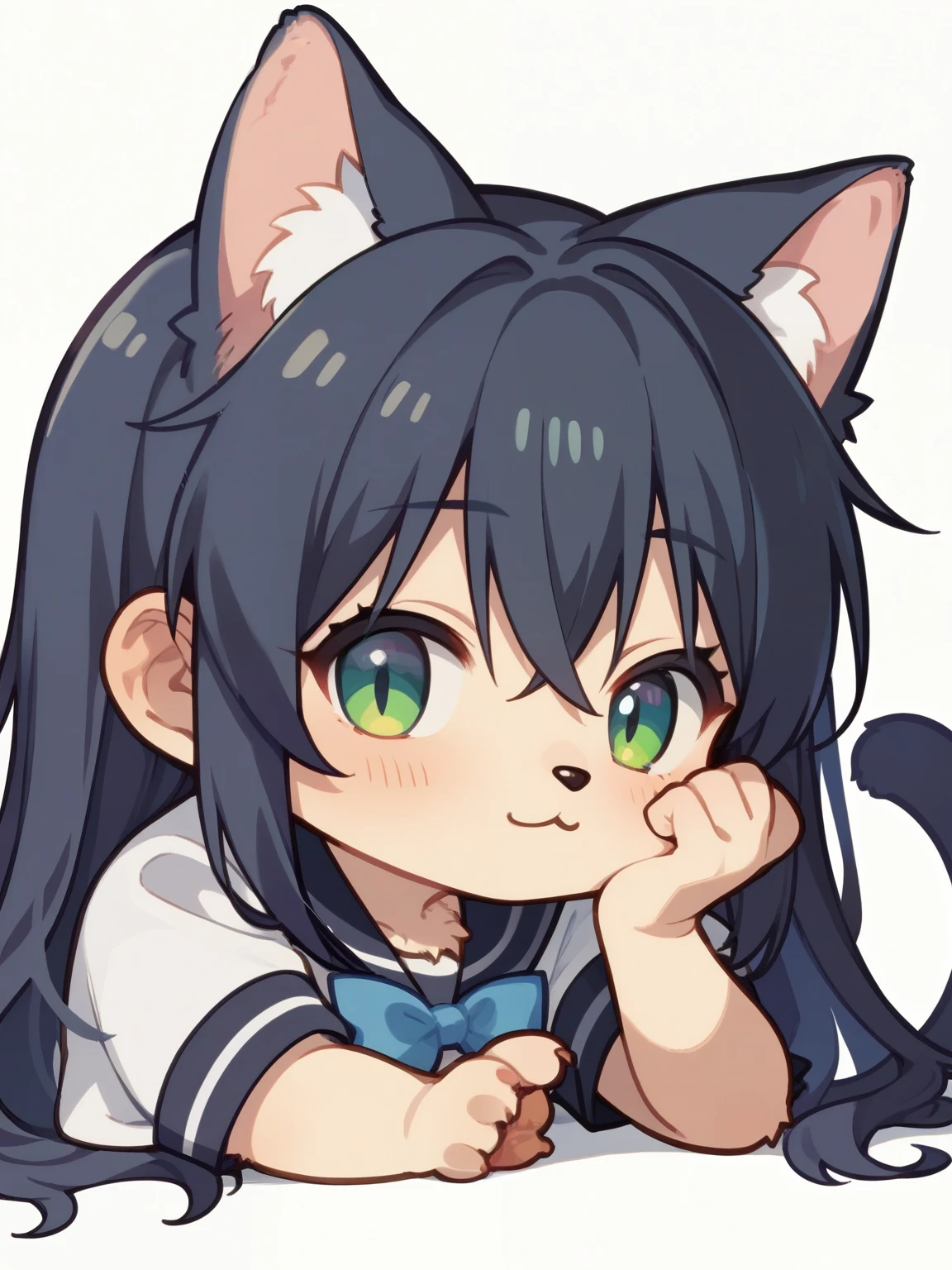 score_9, score_8_up, score_7_up, source_anime, tag1, tag 2, nsfw，uncensored，(( chibi:1.25))，1 girl on break day, (like fur, kemono:1.4),   cat girl, About animal noses, long cat ears ,bushy cat tails, long hair, ,   eyelashes, shirt, Short sleeve,ear skirt, stares at the viewer, On the stomach, lie, headrest, solo, white background, simple background you're looking at, white shirt, Put Your Hands on Your Face, grimace, masterpiece, Highest Quality, Very aesthetic, wacky clothes，written depth， Delicate Anime ，Kyoani Style，glitter，