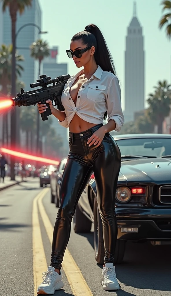 Masterpiece,Best quality,A high resolution, 1girll,From below,(Very thin and straight legs),,(Very long legs,Straight legs),,High heels,long leges,standing on your feet, Long legs as seen from the front, Perfect body,with perfect legs,(exteriors),Soft light,1 policewoman, Night City, (Detailed face), (pink short hair: 1.3), (The color of the cloth is mainly silver, black, Pink, Red, White), Futuristic racing suit, Police outfit,Such as streetwear, Police badge, High-tech headphones, Black Army belt, Racing gloves, Hot pants or low miniskirt, holding a pistol, "Police", ((Crashed car in the background, Burning car, fire background, blasts, Running spectators)),