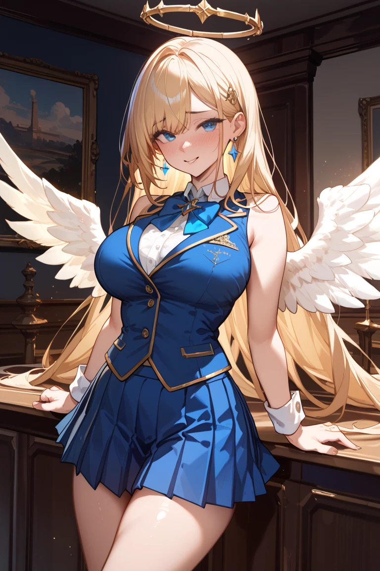 (((masterpiece))), (((best quality))), ((ultra-detailed)), (illustration), ((an extremely delicate and beautiful)), ((super detail)), ((high resolution)), (((20 years old))), metallic cloth, (maid), (android), ((mechanical wings)), delicate metal decorations, gleaming skin, shiny body, two legs, breast focus, (((tall))), slender legs, ((big round eyes)), cute eyes, drooping eyes, ((adult)), two hands, five fingers, no extra hands, elegant smile, braid, medium length hair, ((metallic blue)), (see-through), (dark blonde), (ultra-huge breasts), (((safe for watch))), (shining brightly), outdoor, mini skirt, city, daytime, ((biopunk)),