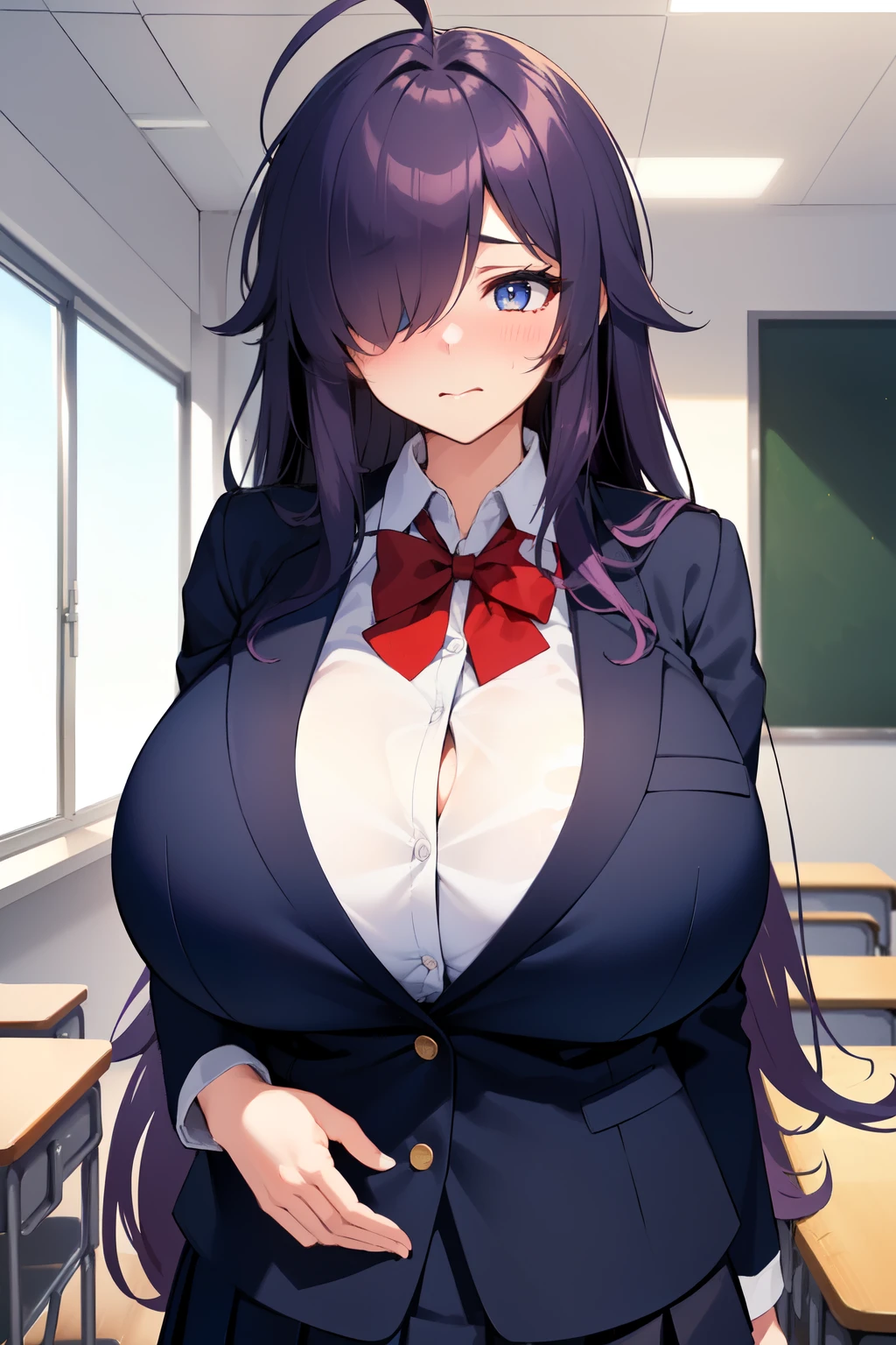 1girl,(huge breasts:1.3),( sagging breasts:1.4),purple hairs, red eyes, school uniforms, glasses, groin