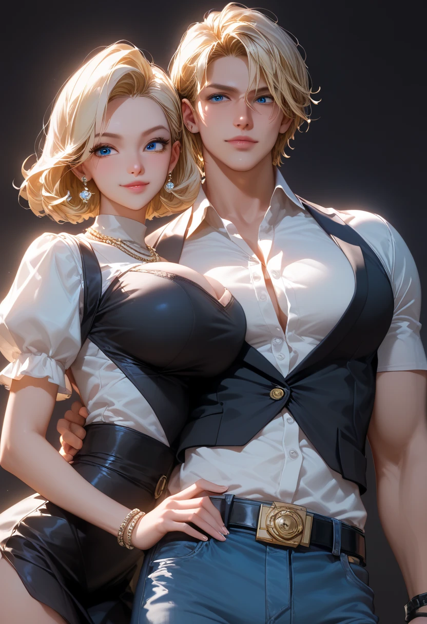 Nsfw,Masterpiece,4k, highres, best quality, perfectanatomy,1 blond girl and 1boy,man and a woman hugging,kitagawa marin, gojoWatanabe, with height difference, handsome, 20 years old, white shirt, black pants, back head, handsome, Adonis, muscular man,high appearance, high nose bridge, big eyes, double eyelids, tall, black hair, brown eyes, symmetrical eyes, looking at the girl,big breasts, b1mb0, a woman wearing a beautiful skirt,woman with long blond hair, symmetrical eyes, big eyes, black eyes, there is a height difference
